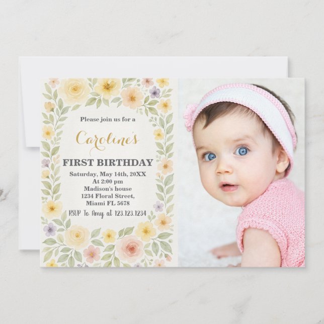 Invitation Floral Premier Anniversaire avec photo (Devant)