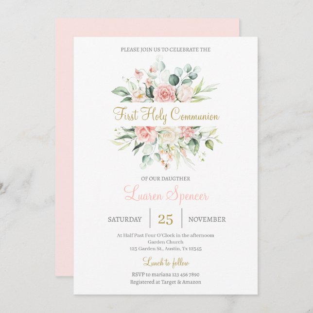 Invitation Floral Première Sainte Communion pour fille (Devant / Derrière)