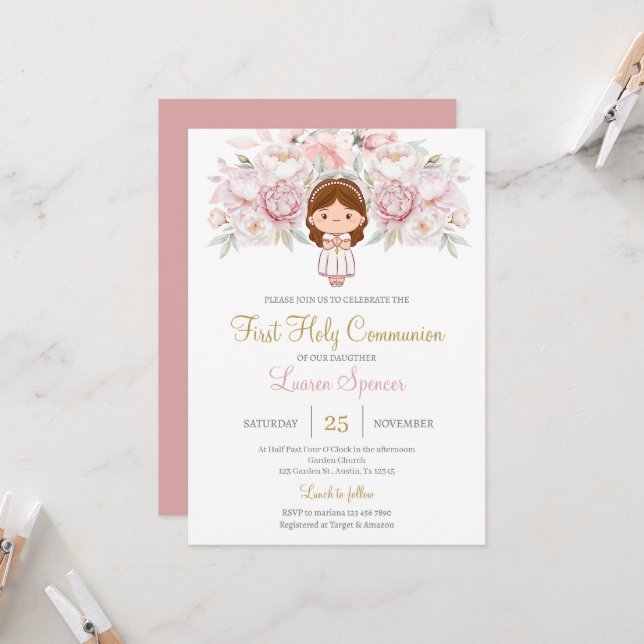 Invitation Floral Première Sainte Communion pour la fille Inv (Devant/Arrière en situation)
