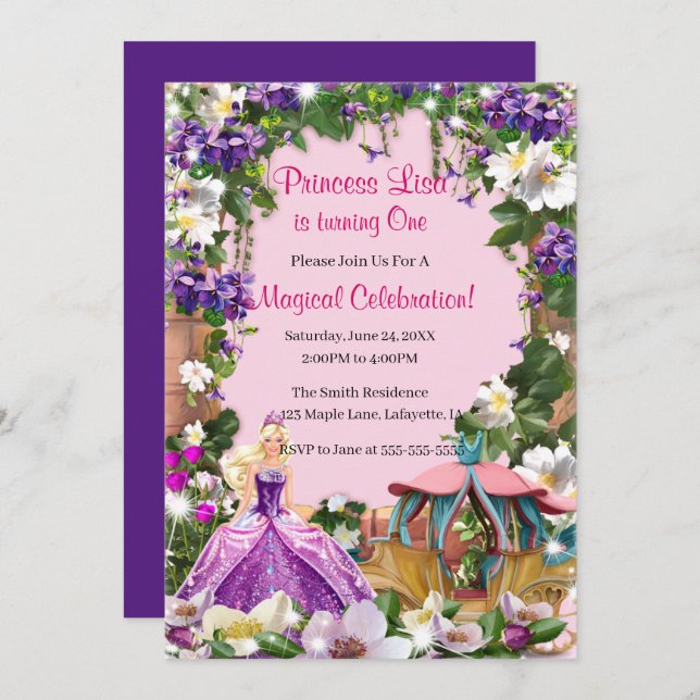 Invitation Floral Princess Enchanted Fairy Tale Anniversaire (Devant / Derrière)