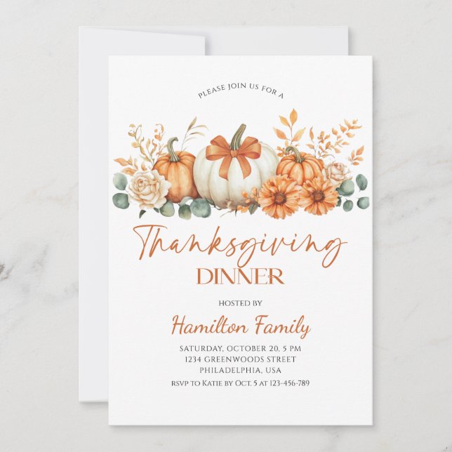 Invitation Floral pumpkin Thanksgiving Dinner party (Devant)