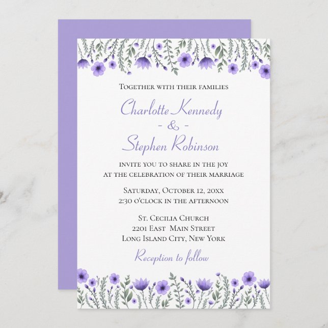 Invitation Floral Purple Aquarelle Fleur sauvage Mariage (Devant / Derrière)