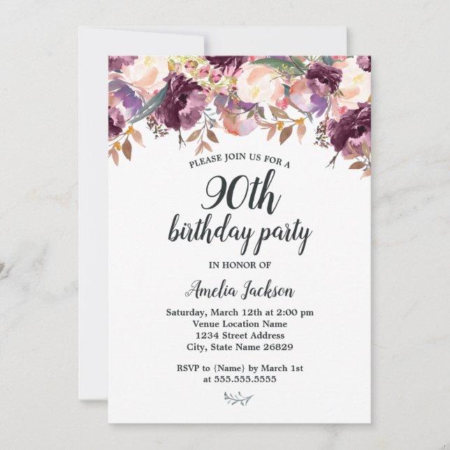 Invitation Floral Purple Bloom Aquarelle 90ème anniversaire (Devant)