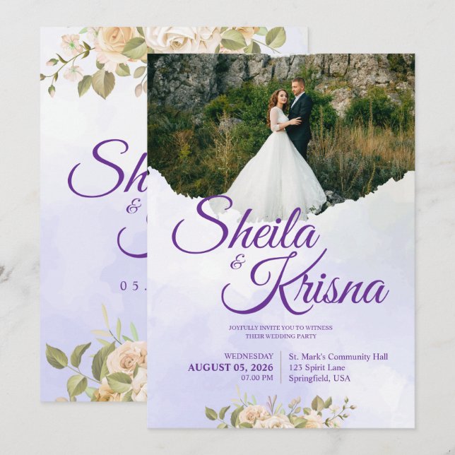 Invitation Floral Purple Elegance Wedding with Photo (Devant / Derrière)