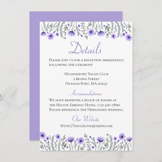Invitation Floral Purple Flowers Détails Directions Mariage (Devant / Derrière)