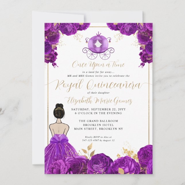 Invitation Floral Purple Gold Cendrillon Royal Quinceanera (Devant)