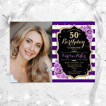 Invitation Floral Purple Gold Photo 50e anniversaire<br><div class="desc">Elégante invitation au 50e anniversaire fleurie féminine avec votre photo. Glam violet, noir, blanc design avec faux or parties scintillant. Comprend des rayures, des roses de lavande, des caractères de script et des confettis. Parfait pour une fête anniversaire adulte élégante. Personnalisez avec vos propres détails. Peut être customisé pour n'importe...</div>