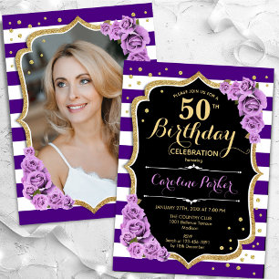 Invitation Floral Purple Gold Photo 50e anniversaire