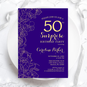 Invitation Floral Purple Gold Surprise 50e fête d'anniversair