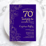 Invitation Floral Purple Gold Surprise 70e fête d'anniversair<br><div class="desc">Floral Purple Gold Surprise 70e anniversaire de fête Invitation. Design moderne minimaliste avec accents botaniques et police de script de typographie. Carte invitation florale simple parfaite pour une célébration anniversaire surprise femme élégante. Peut être customisé à n'importe quel âge.</div>