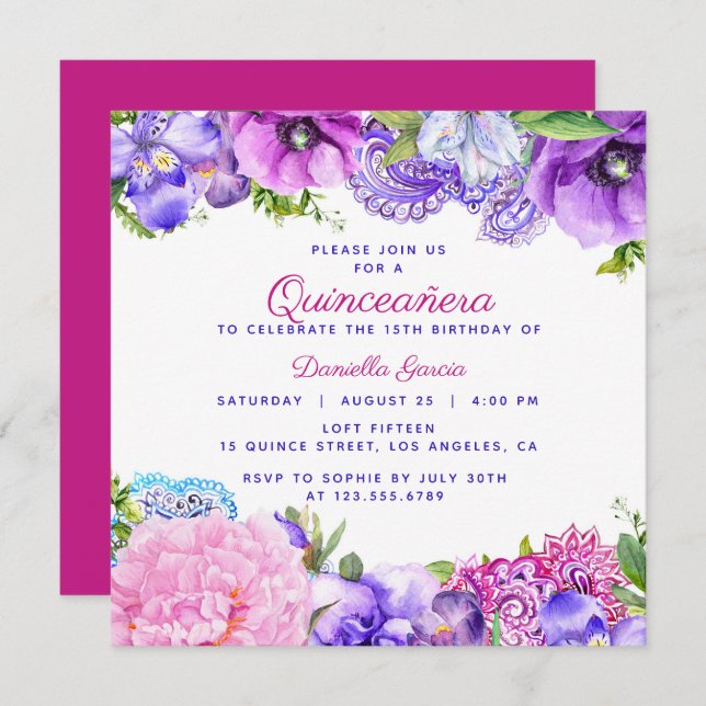 Invitation Floral Purple Paisley Moderne Quinceañera (Devant / Derrière)