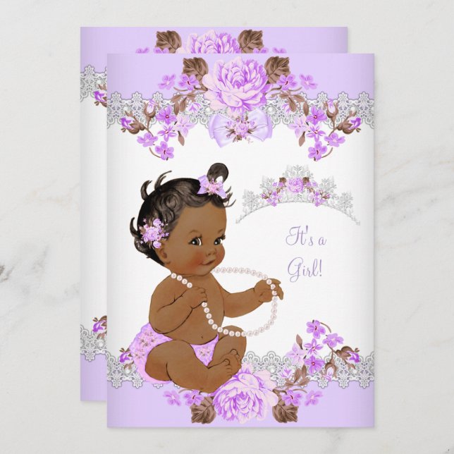 Invitation Floral Purple Princess Baby shower Ethnic Girl (Devant / Derrière)