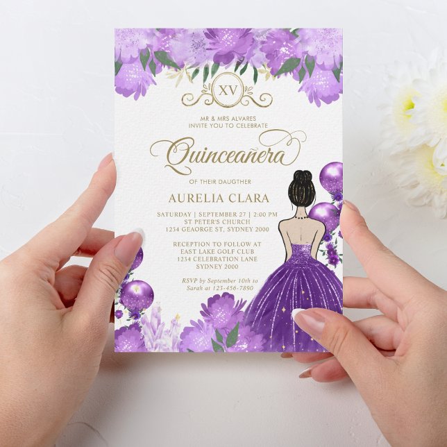 Invitation Floral Purple Princess XV Quinceañera Anniversaire (Créateur téléchargé)