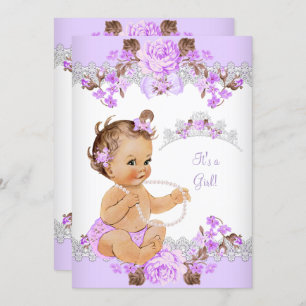 Invitation Floral Purple Princesse Baby shower Brunette Girl