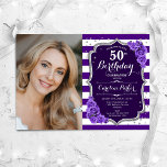 Invitation Floral Purple Silver Photo 50e anniversaire<br><div class="desc">Elégante invitation au 50e anniversaire fleurie féminine avec votre photo. Glam violet blanc design argenté avec faux parties scintillant argent. Comprend des rayures, des roses de lavande, des caractères de script et des confettis. Parfait pour une fête anniversaire adulte élégante. Personnalisez avec vos propres détails. Peut être customisé pour n'importe...</div>