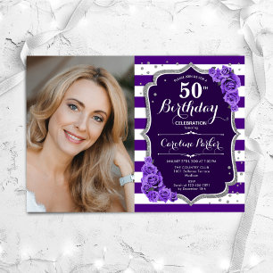 Invitation Floral Purple Silver Photo 50e anniversaire