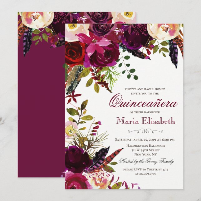 Invitation Floral Quinceanera (Devant / Derrière)