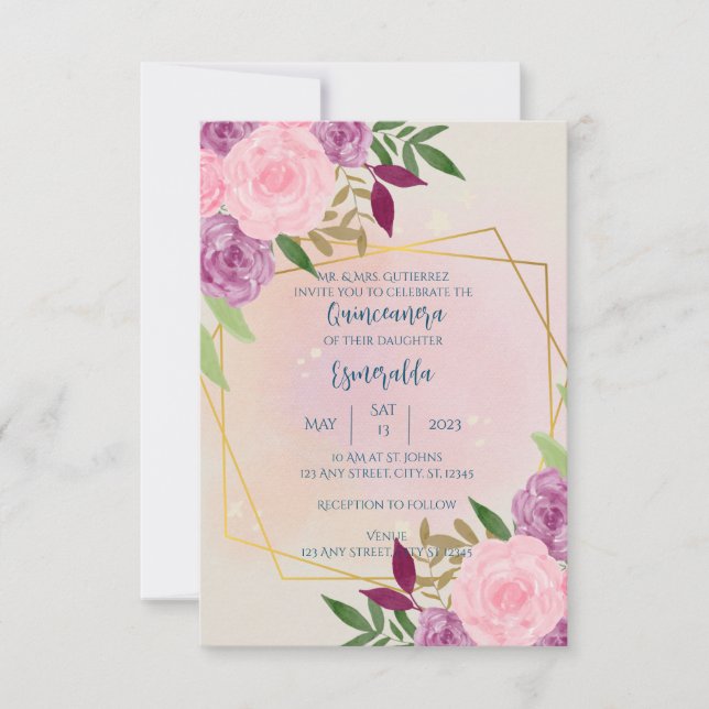 Invitation Floral Quinceañera, Anniversaire, Mariage, Baby sh (Devant)