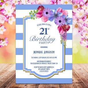 Invitation Floral rayé bleu 21e fête d'anniversaire