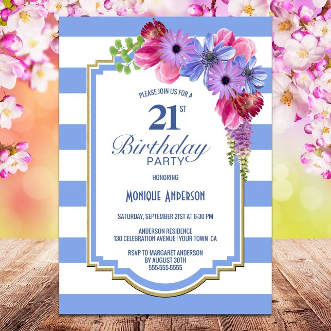 Invitation Floral rayé bleu 21e fête d'anniversaire (Créateur téléchargé)
