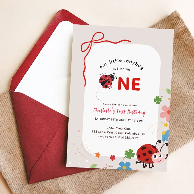 Invitation Floral Red Bow Little Ladybug Girl 1st Birthday (Créateur téléchargé)