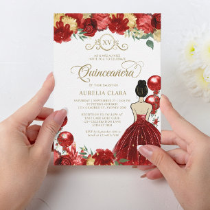 Invitation Floral Red Gold Princess XV Quinceañera Anniversai