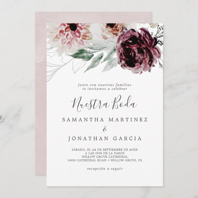 Invitation Floral Romance Espagnol Nuestra Boda (Devant / Derrière)