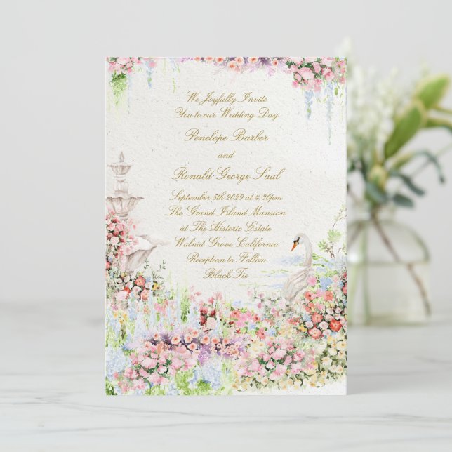 Invitation floral romantic swan chic calligraphy wedding (Debout devant)