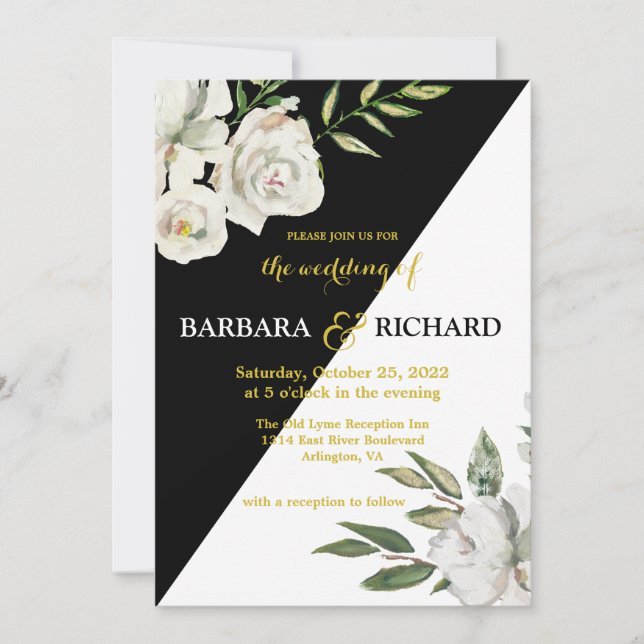 Invitation Floral Romantique noir & blanc Mariage   (Devant)