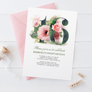 Invitation Floral rose 16   Sweet sixteen fête d'anniversaire