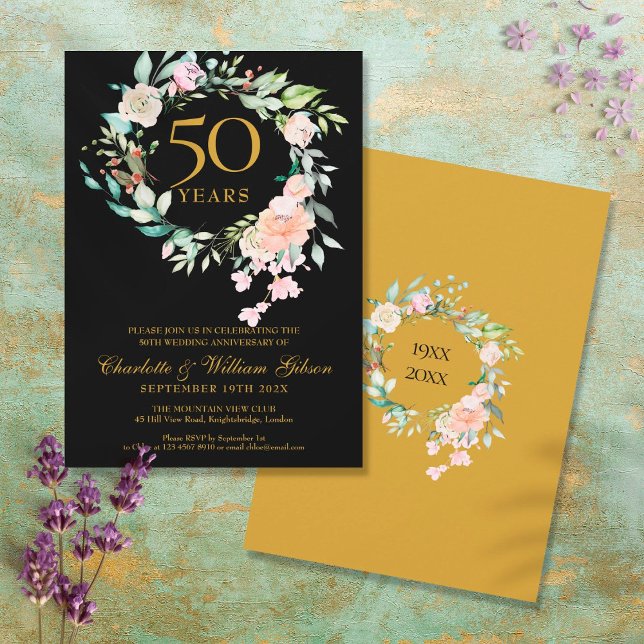 Invitation Floral rose 50e anniversaire Mariage d'or (Créateur téléchargé)