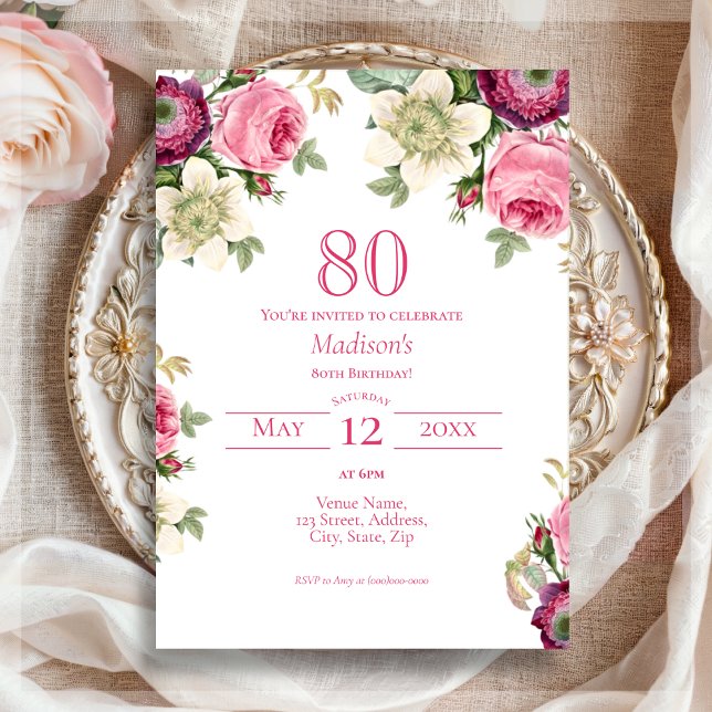 Invitation Floral rose | 80e anniversaire (Créateur téléchargé)