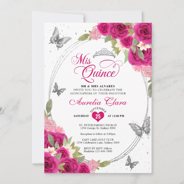 Invitation Floral rose Argent Tiara Papillon Mis Quinceañera (Devant)