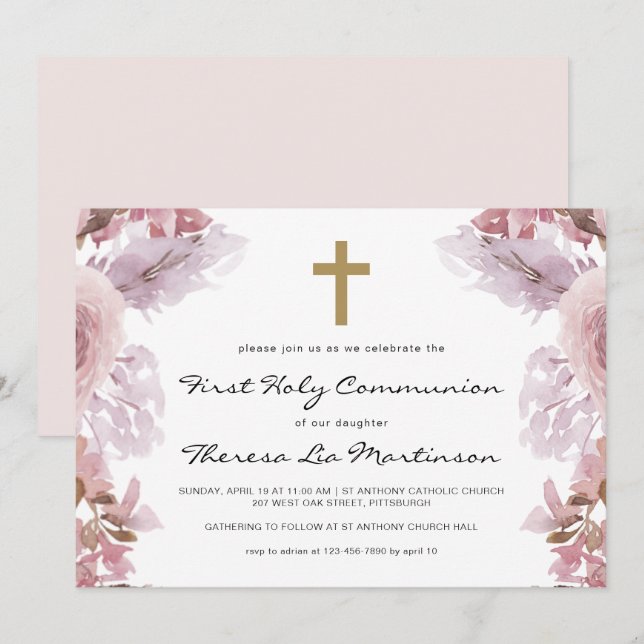 Invitation Floral rose avec Croix première sainte communion (Devant / Derrière)