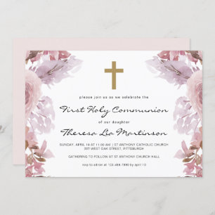 Invitation Floral rose avec Croix première sainte communion