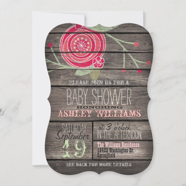 Invitation Floral rose, Baby shower rustique en bois (Devant)