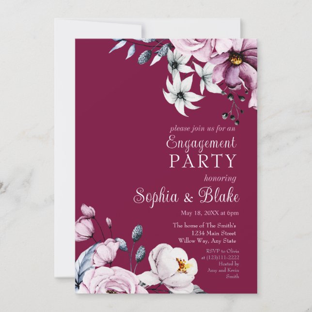 Invitation Floral rose, blanc et bleu | Pink Engagement Party (Devant)