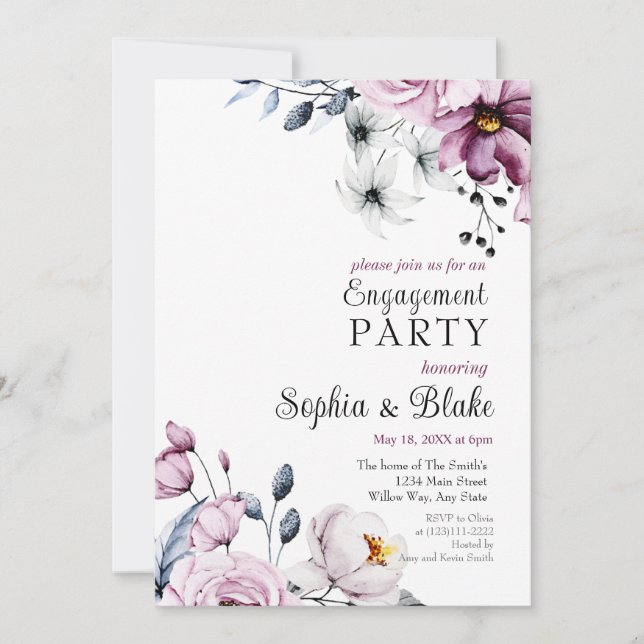 Invitation Floral rose, blanc et bleu | White Engagement Part (Devant)