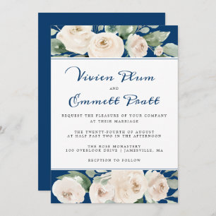 Invitation Floral Rose blanche sur Mariage bleu marine