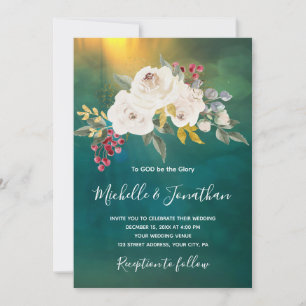 Invitation Floral rose blanche sur Mariage chrétien vert