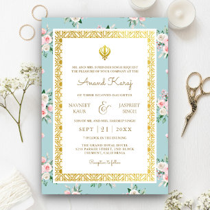 Invitation Floral rose bleu Anand Karaj Punjabi Sikh Mariage