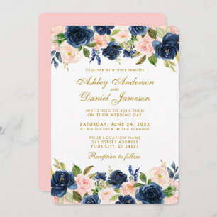 Invitation Floral rose Bleu Bleu Élégant Mariage Or R