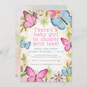 Invitation Floral rose/Bleu/Or Papillons Baby shower fille