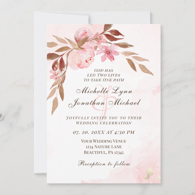 Invitation Floral rose-Blush tout en un Mariage chrétien (Devant)