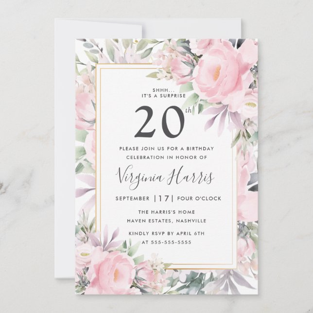 Invitation Floral Rose Blush Vingt-dixième anniversaire (Devant)