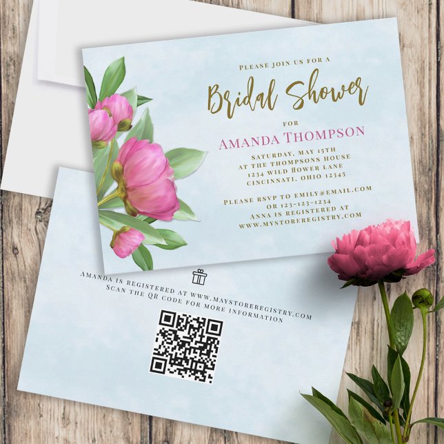 Invitation Floral rose Botanique Élégante Peonies QR Code (Créateur téléchargé)