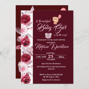 Invitation Floral rose Bourgogne Aquarelle Baby shower fille 