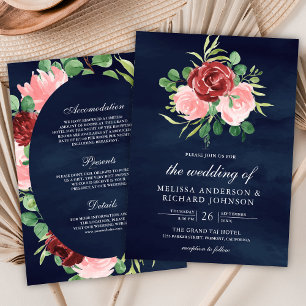 Invitation Floral rose Bourgogne tout en un Mariage de marine