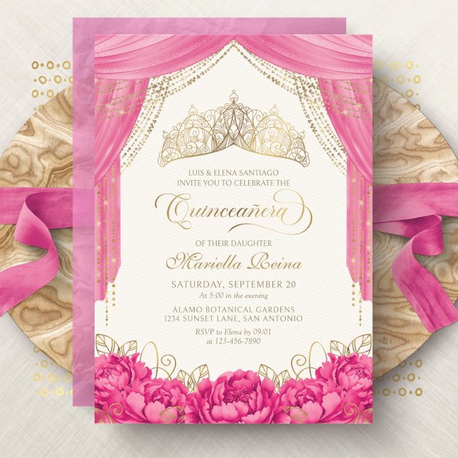 Invitation Floral rose chaud Tiara Girl Quinceanera (Créateur téléchargé)