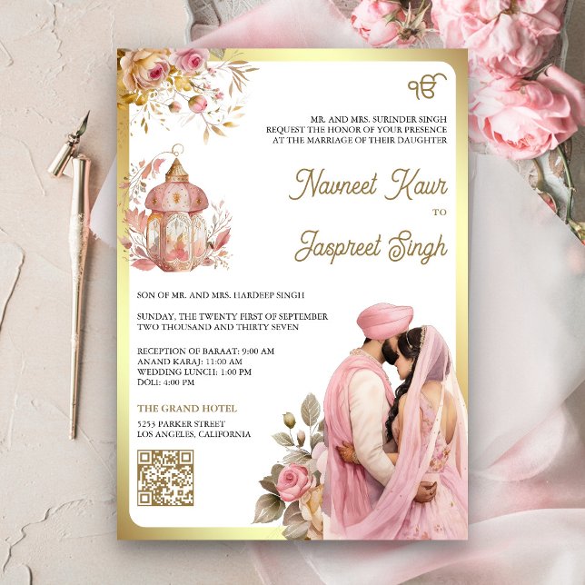 Invitation Floral rose clair QR Code Anand Karaj Sikh Mariage (Créateur téléchargé)